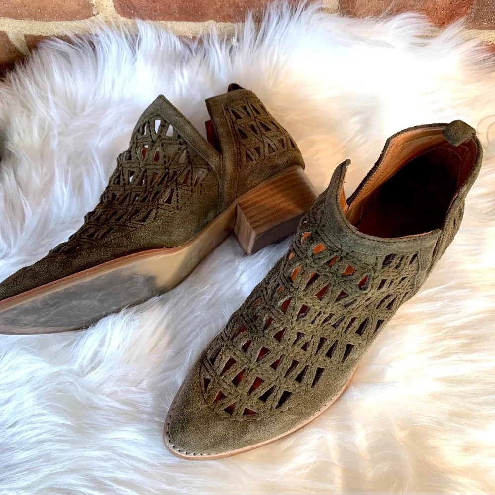JEFFREY CAMPBELL Coastal Cowgirl Western Sagat Laser Cut Olive Suede Boots, 8.5